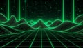 Abstract Green Wireframe Landscape with Geometric Grid and Light Streaks