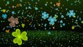 Abstract Green Yellow Blue Shiny Three Leaf Clover Confetti Shapes And Glitter Dust Flying Above Shiny Glitter Sparkles Floor