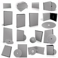 Abstract grey DVD disks and boxes on white background Royalty Free Stock Photo