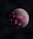 Abstract grey planet with bright pink parts in dark Cosmos Universe. Glitch effect illustration of apocalyptic