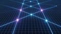 Abstract grid with glowing dots and connecting lines, representing a digital network or futuristic data transfer system Royalty Free Stock Photo