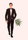 Abstract groom in wedding suit with wedding bouquet in hand card isolated