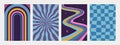 Abstract Groovy backgrounds. Set of psychedelic retro patterns in blue colors. Trendy wavy and checkered funky vector