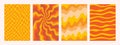 Abstract Groovy backgrounds. Set of psychedelic retro patterns in orange colors. Trendy twisted and checkered funky