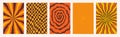 Abstract Groovy backgrounds. Set of psychedelic retro patterns in orange colors. Trendy twisted and checkered funky