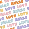 Abstract groovy hippie square poster. Outline colorful text Love Rules on white background