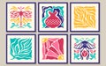 Abstract groovy square posters with flowers, butterfly, dragonfly in matisse style