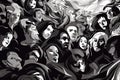 Abstract group of crowded people black and white illustration. Generative AI