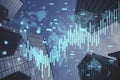 Abstract growing forex chart and map hologram on blurry city texture. Banking, invest and financial growth concept. Double Royalty Free Stock Photo