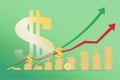 Abstract growing dollar coins chart stacked on green background with arrow. Finance, growth and market concept.