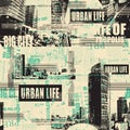 Abstract grunge seamless pattern with newspaper urban landscapes