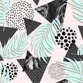 Abstract grunge triangle and exotic paper leaves seamless pattern. Royalty Free Stock Photo