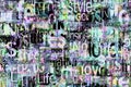 Abstract grunge urban bright colors chaotic words letters background