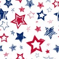 Vector seamless pattern with hand drawing red and blue stars on white background. Grunge repitting backdrop with patriotic stars. Royalty Free Stock Photo