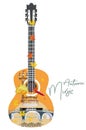 Abstract guitar decorated with autumn leaves and notes. Musical poster.