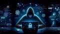 Abstract hacker with laptop on dark during cyber attack and cyber security, hacks computer network. Generated AI Royalty Free Stock Photo