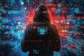 Abstract hacker silhouette in a hood against binary code and a digital screen background, data security concept with a hologr