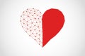 Abstract half full half empty heart icon from lines and triangles, point connecting network on white background, vector Royalty Free Stock Photo