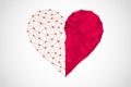 Abstract half full half empty heart icon from lines and triangles, point connecting network on white background, vector