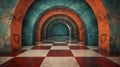 Abstract hallway with arches and checkered floor, creating a surreal and dreamlike atmosphere Royalty Free Stock Photo