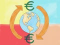 Abstract hand draw doodle euro currency sign transfer around world concept on colorfull background, illustration, copy space for t Royalty Free Stock Photo