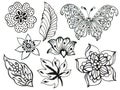 Abstract hand draw flower leaves butterfly insect and wave, doodle bouquet paisley oriental or arabic, russia art element