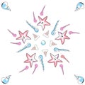 Abstract hand drawn blue pink sea shells blue pearls shark tooth and pink starfishes on white background summer vacation vector
