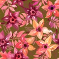 Abstract seamless watercolor pattern with yellow, pink, crimson; dark red flowers
