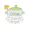 Abstract hand drawn culinary logo original design with saucepan and cooking with love lettering. Line label for food