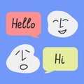 Abstract hand drawn faces with smiling expression and emotion. Speech bubble with words Hello and Hi Royalty Free Stock Photo