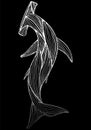 Abstract hand drawn giant hammer shark isolated on black background. Vector illustration. Outline. Line art. Top view Royalty Free Stock Photo