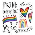 Abstract hand drawn LGBT doodles. Pride, love and peace lettering, rainbow hearts. Gay parade icons set. LGBTQ rights symbols.