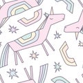 Abstract hand drawn linear unicorns and rainbows seamless pattern on white background. Vector illustration. Royalty Free Stock Photo