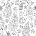 Abstract hand drawn outline doodle ornament seamless pattern with flowers and paisley . Coloring book for adult and Royalty Free Stock Photo
