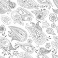 Abstract hand drawn outline doodle ornament seamless pattern with flowers and paisley . Coloring book for adult and Royalty Free Stock Photo