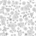 Abstract hand drawn outline doodle ornament seamless pattern with flowers and paisley isolated on white background Royalty Free Stock Photo
