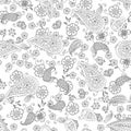Abstract hand drawn outline doodle ornament seamless pattern with flowers and paisley isolated on white background Royalty Free Stock Photo