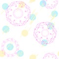 Abstract hand drawn pink lace and yellow green polka dots on white background vector seamless pattern Royalty Free Stock Photo