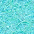 Abstract hand-drawn seamless pattern with waves and clouds.