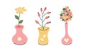 Abstract Hand drawn Spring flowers in Vases. Summer bright floral set in doodle style. Gift for girls in hand-drawn style. Vector Royalty Free Stock Photo