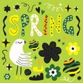 Abstract hand drawn spring greeting card with cute daisy flowers and bird icons and design elements set on green Royalty Free Stock Photo