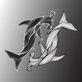 Abstract hand drawn of two giant hammer sharks isolated on gray background. illustration. Outline. Line art. Top view