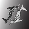 Abstract hand drawn of two giant hammer sharks isolated on gray background. Vector illustration. Outline. Line art. Top view