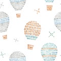 Watercolor vector seamless pattern with air baloons, sky, clouds, stars, in cute baby stitch embroidery style. Ready Royalty Free Stock Photo