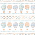 Watercolor vector seamless pattern with air baloons, sky, clouds, stars, in cute baby stitch embroidery style. Ready Royalty Free Stock Photo