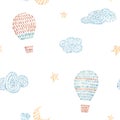 Watercolor vector seamless pattern with air baloons, sky, clouds, stars, in cute baby stitch embroidery style. Ready Royalty Free Stock Photo