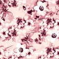 Abstract hand drawn watercolor smudge flowers floral seamless repeat print pattern background. Beautiful blossom and buds