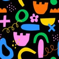 Abstract hand drawn Y2K naive seamless pattern. Vector organic colourful doodle shapes background in 70s groovy style