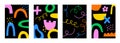 Abstract hand drawn Y2K naive trendy posters. Vector colourful doodle shapes backgrounds, in 70s groovy retro style