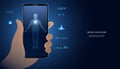 abstract hand holding a phone concept digital body Health processing using AI, health, measurement program, interface on modern
